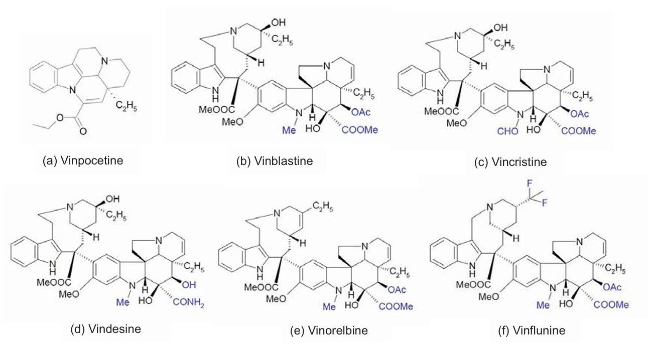 Fig.1 Alkaloid vincamine and major vinca alkaloids.